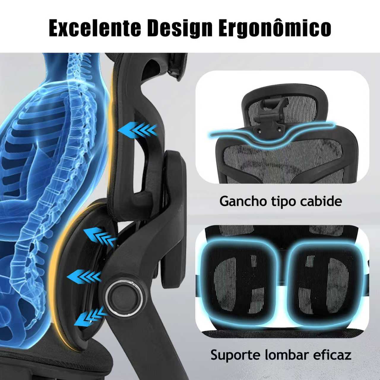 Cadeira Ergonômica EMPABE - Encosto Ajustável, Rede Mesh, Rodízios Forte ≤150kg,Preto