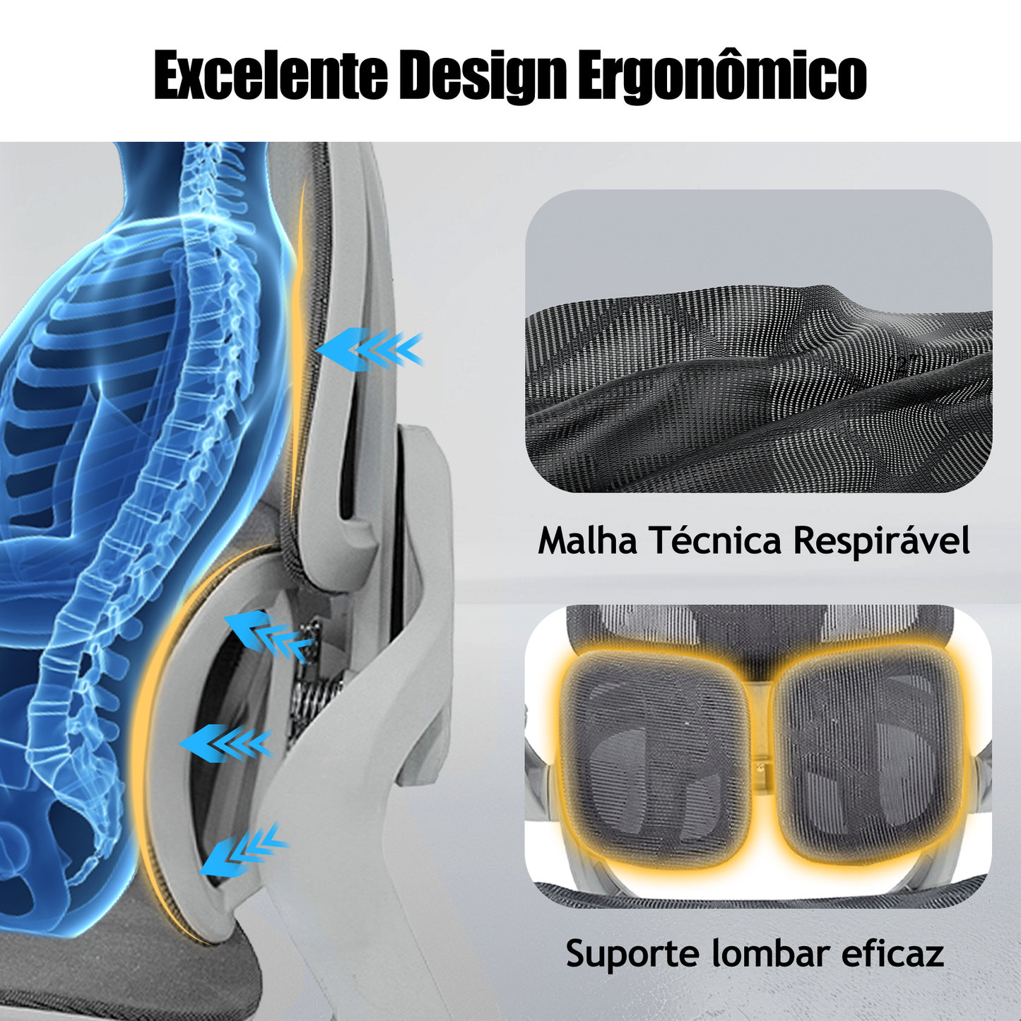 Cadeira Ergonômica EMPABE - Suporta 150kg, Encosto Ajustável, Rede Mesh, Rodízios Forte,Cinza