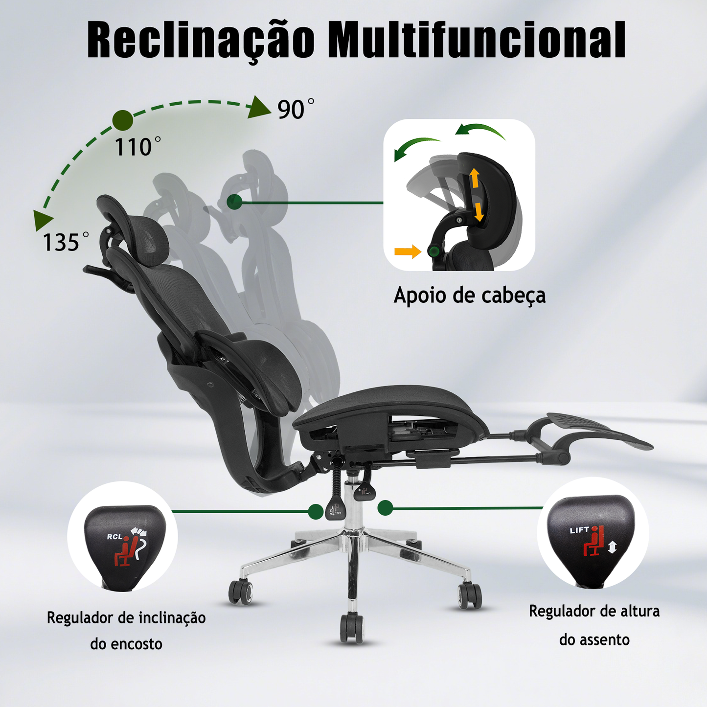 Cadeira Ergonômica EMPABE - Encosto Ajustável, Rede Mesh, Rodízios Forte ≤150kg,Preto
