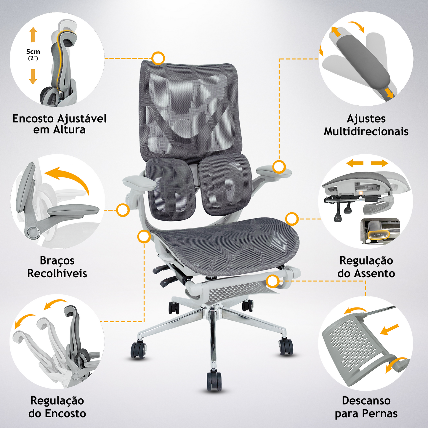 Cadeira Ergonômica EMPABE - Suporta 150kg, Encosto Ajustável, Rede Mesh, Rodízios Forte,Cinza