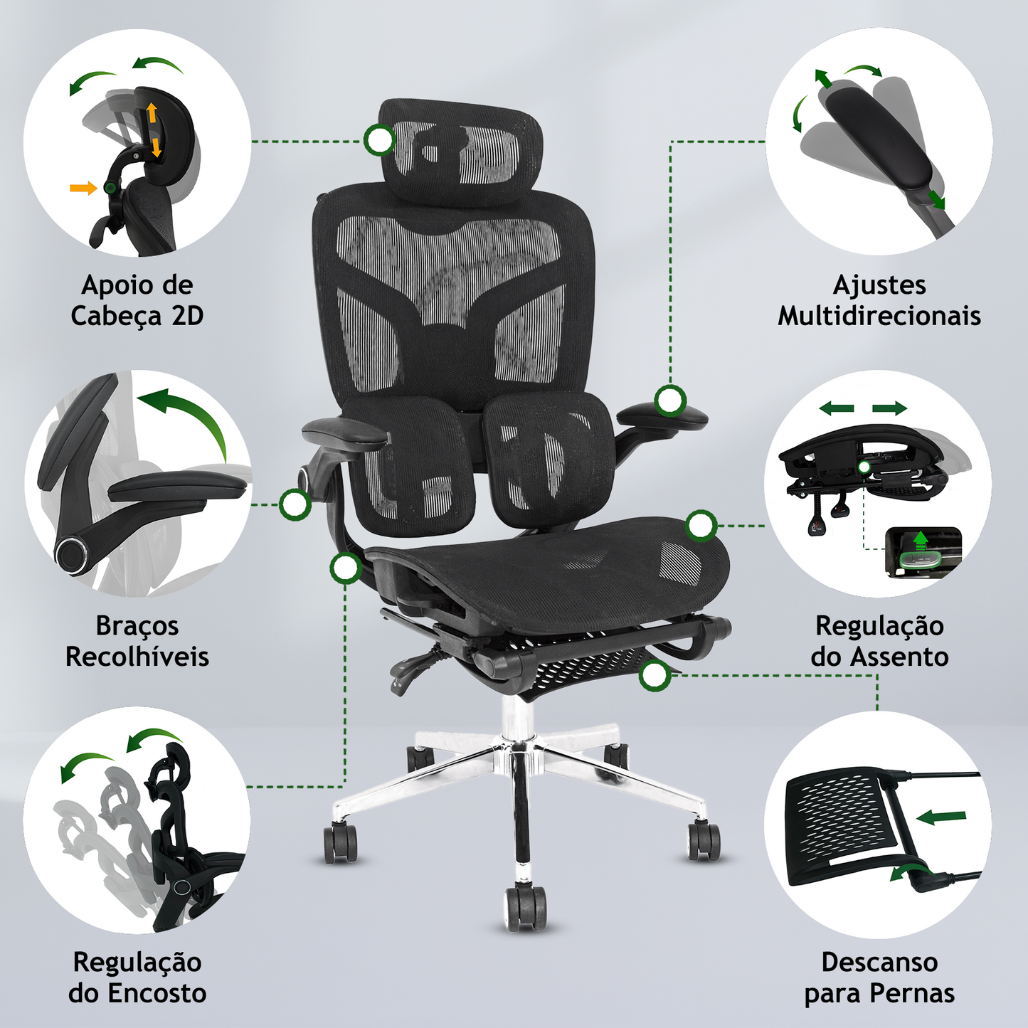 Cadeira Ergonômica EMPABE - Encosto Ajustável, Rede Mesh, Rodízios Forte ≤150kg,Preto