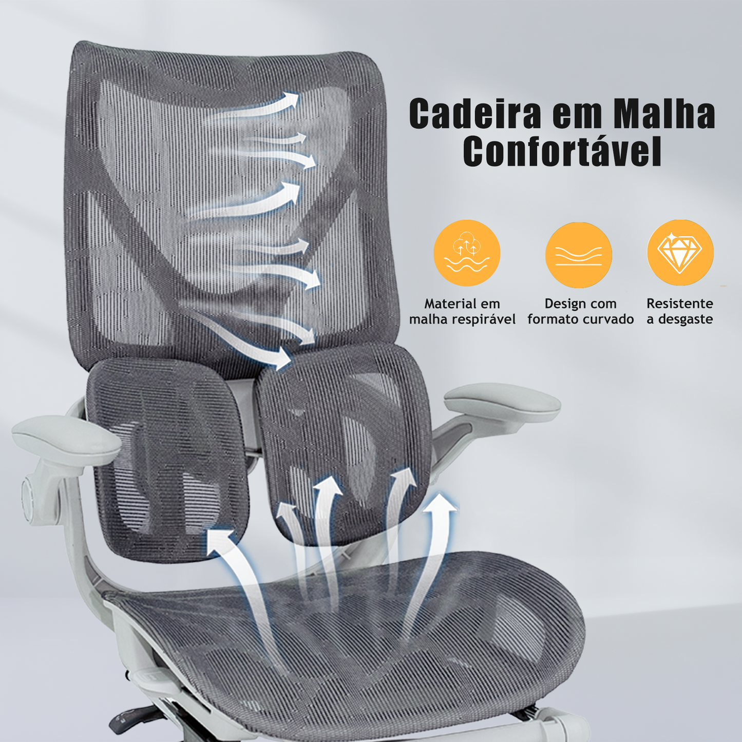 Cadeira Ergonômica EMPABE - Suporta 150kg, Encosto Ajustável, Rede Mesh, Rodízios Forte,Cinza