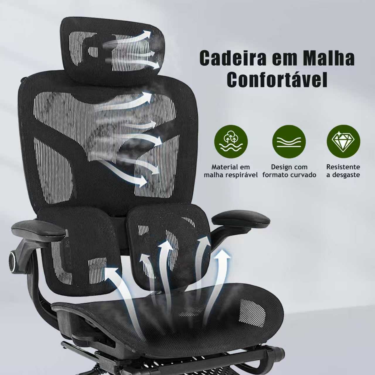 Cadeira Ergonômica EMPABE - Encosto Ajustável, Rede Mesh, Rodízios Forte ≤150kg,Preto