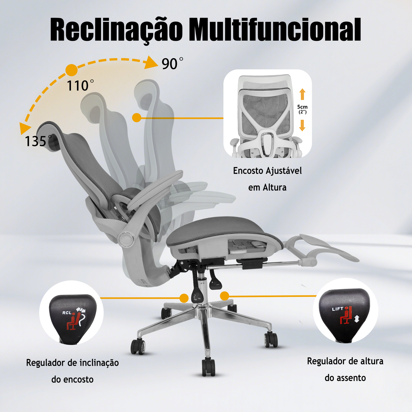 Cadeira Ergonômica EMPABE - Suporta 150kg, Encosto Ajustável, Rede Mesh, Rodízios Forte,Cinza