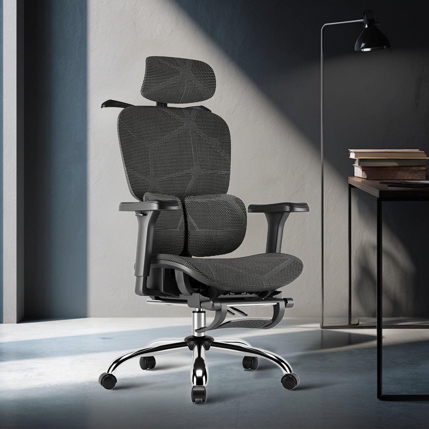 Cadeira de Escritório Ergonômica Preta com Rede Mesh - Apoio Lombar, Headrest e Braços 3D Ajustáveis, Descanso para Pernas e Rodas Silenciosas - Para Longas Jornadas no Trabalho e Jogos (150kg)