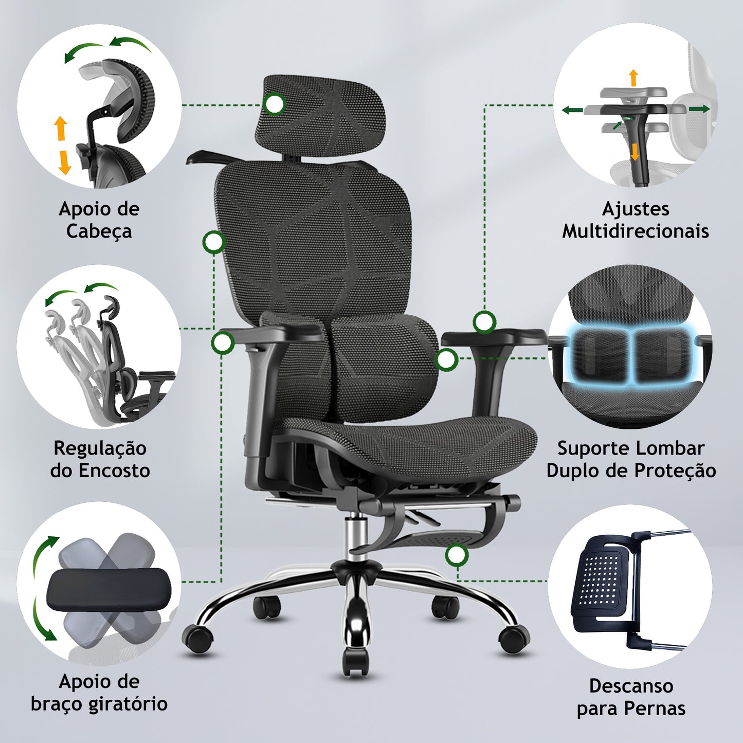 Cadeira de Escritório Ergonômica Preta com Rede Mesh - Apoio Lombar, Headrest e Braços 3D Ajustáveis, Descanso para Pernas e Rodas Silenciosas - Para Longas Jornadas no Trabalho e Jogos (150kg)