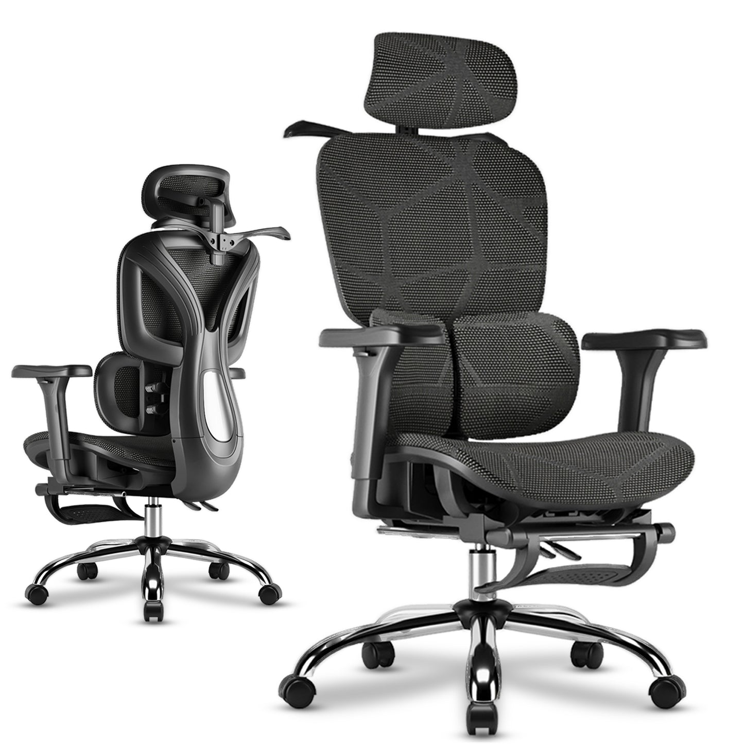 Cadeira de Escritório Ergonômica Preta com Rede Mesh - Apoio Lombar, Headrest e Braços 3D Ajustáveis, Descanso para Pernas e Rodas Silenciosas - Para Longas Jornadas no Trabalho e Jogos (150kg)