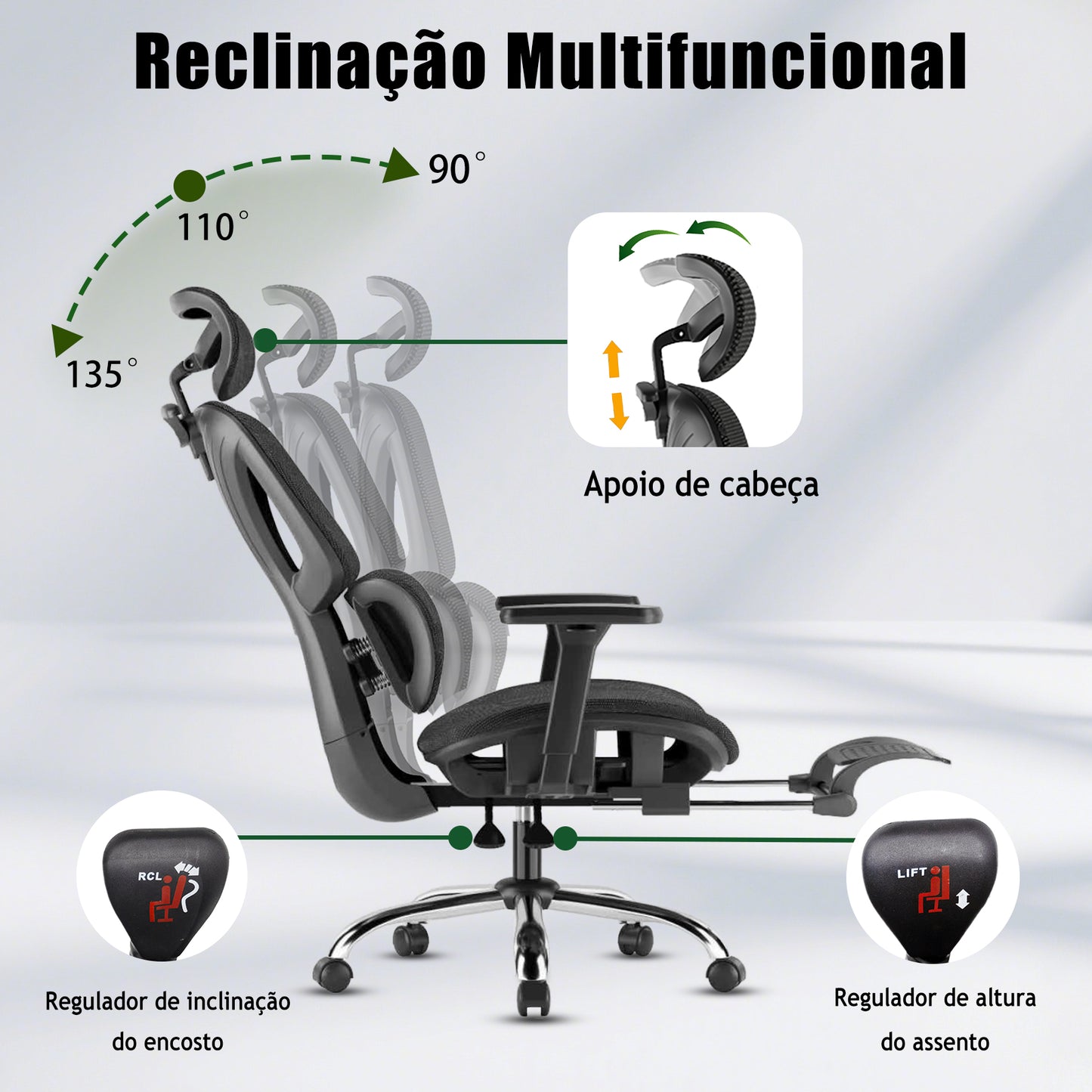 Cadeira de Escritório Ergonômica Preta com Rede Mesh - Apoio Lombar, Headrest e Braços 3D Ajustáveis, Descanso para Pernas e Rodas Silenciosas - Para Longas Jornadas no Trabalho e Jogos (150kg)
