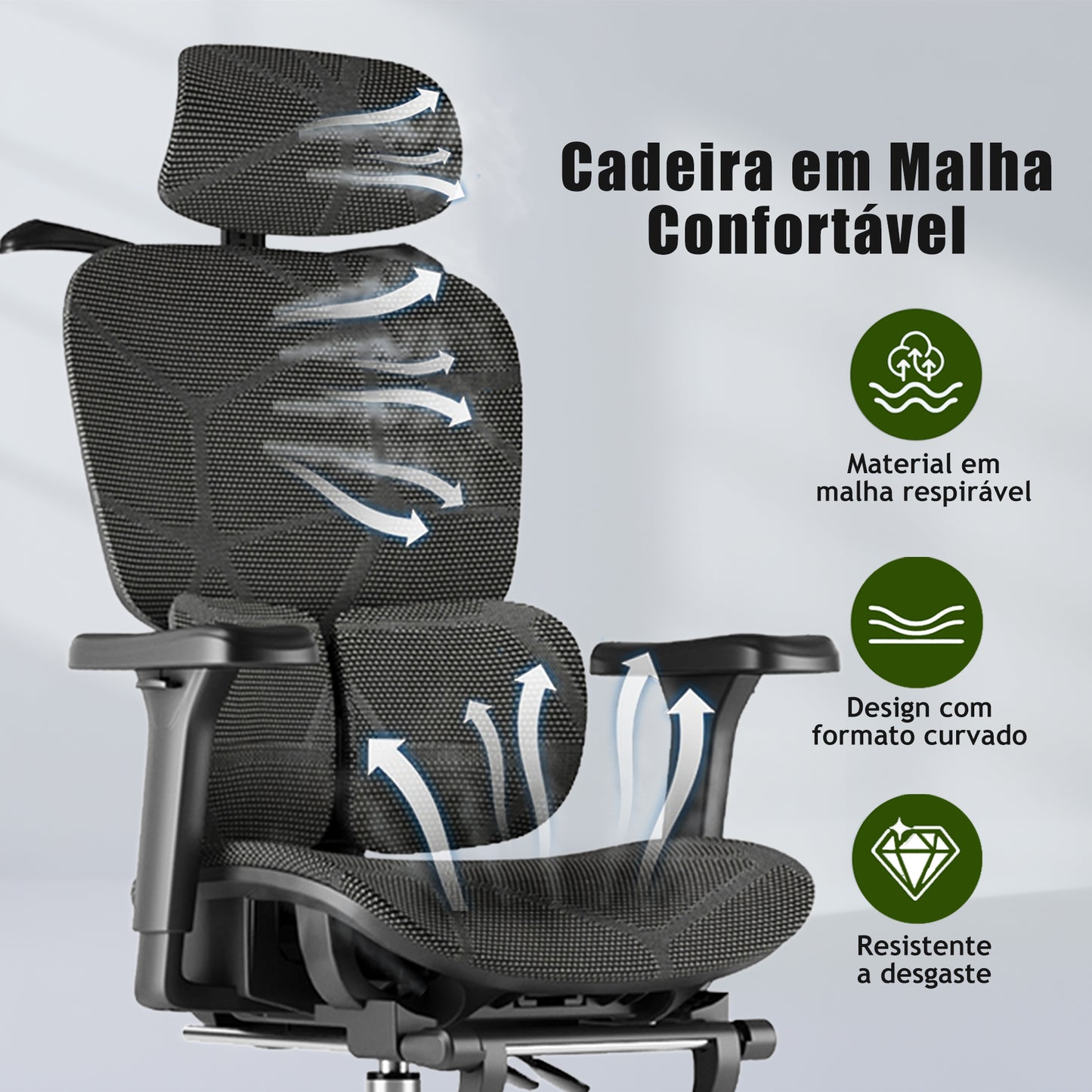 Cadeira de Escritório Ergonômica Preta com Rede Mesh - Apoio Lombar, Headrest e Braços 3D Ajustáveis, Descanso para Pernas e Rodas Silenciosas - Para Longas Jornadas no Trabalho e Jogos (150kg)