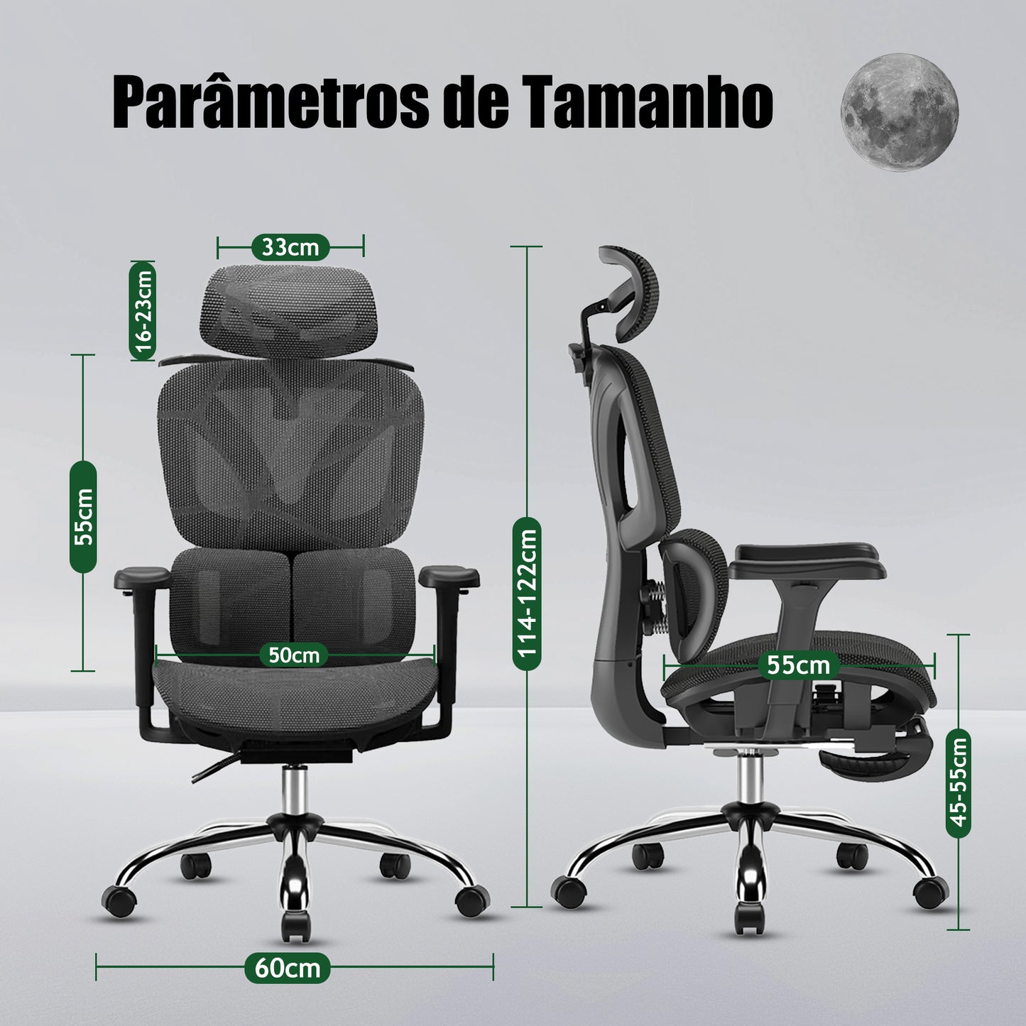 Cadeira de Escritório Ergonômica Preta com Rede Mesh - Apoio Lombar, Headrest e Braços 3D Ajustáveis, Descanso para Pernas e Rodas Silenciosas - Para Longas Jornadas no Trabalho e Jogos (150kg)